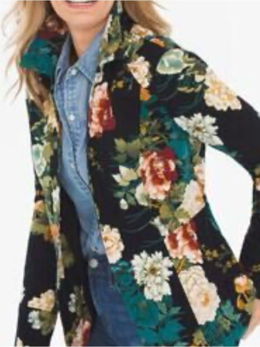 Chico's Black Floral Blazer Jacket Size 2 L 12/14 Peony Botanical Open Front